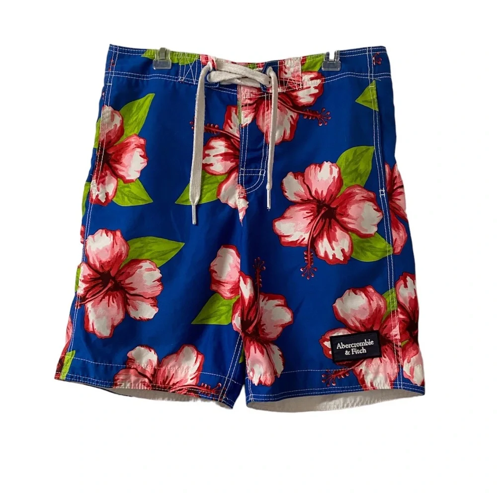 Abercrombie & Fitch Blue Hawaiian Floral Print Unlined Swim Trunks Size Large